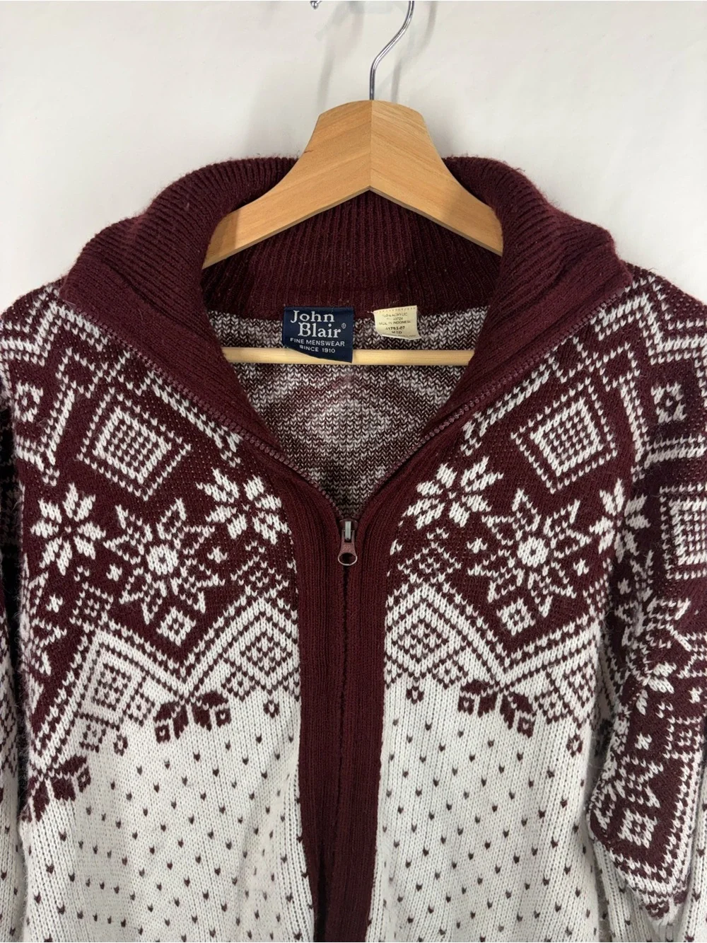 John Blair Fair Isle Full Zip Sweater Men’s Medium Burgundy White Nordic